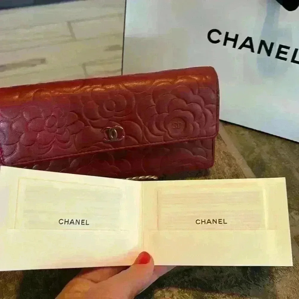 Chanel Camellia Coco Mark Lambskin Bifold Long Wallet